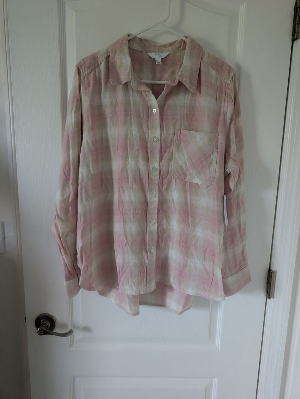 TIME AND TRUE Womens L (12 -14) Pink & White Plaid Flannel shirt NEW w/ tags